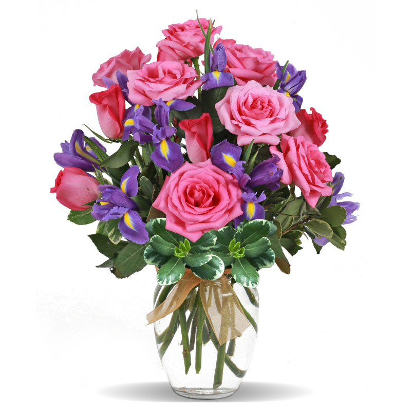 Pink Roses and Iris - Same Day Delivery
