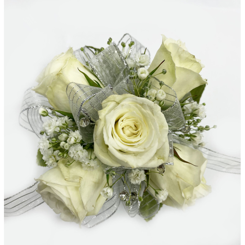 White and Silver Miniature Rose Corsage - Same Day Delivery
