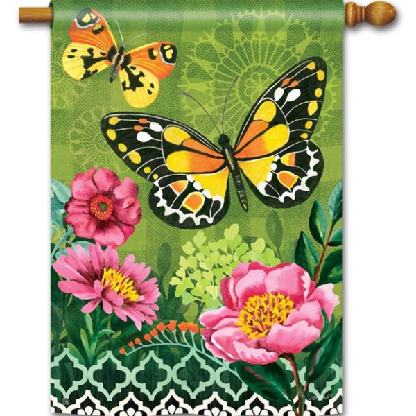 Butterflies with Pink Flowers House Flag