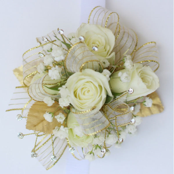 White and Gold Miniature Rose Wrist Corsage