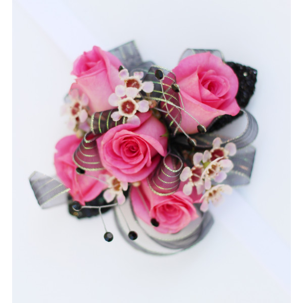 Pink and Black Miniature Rose Wrist Corsage