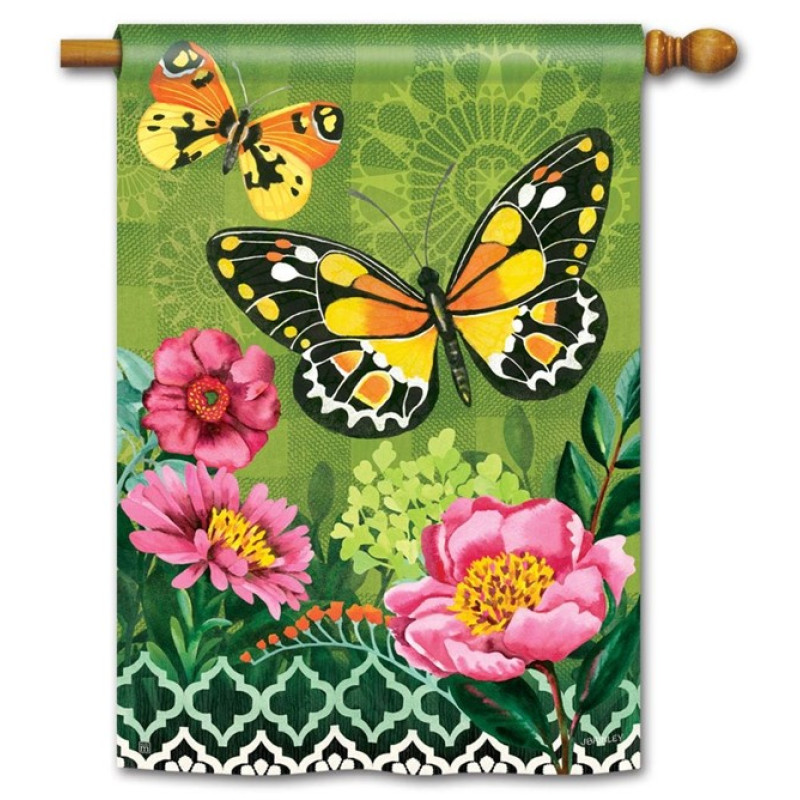 Butterflies with Pink Flowers House Flag - Same Day Delivery