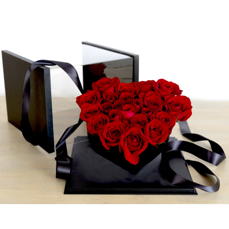 Heart of Roses in Black Box - Same Day Delivery