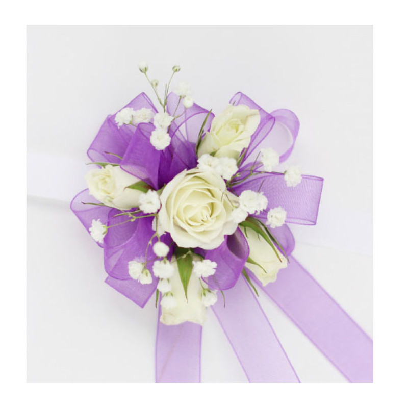 White and Purple Miniature Rose Wrist Corsage - Same Day Delivery