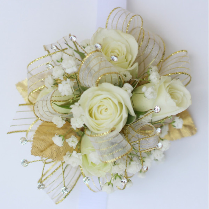 White and Gold Miniature Rose Wrist Corsage - Same Day Delivery