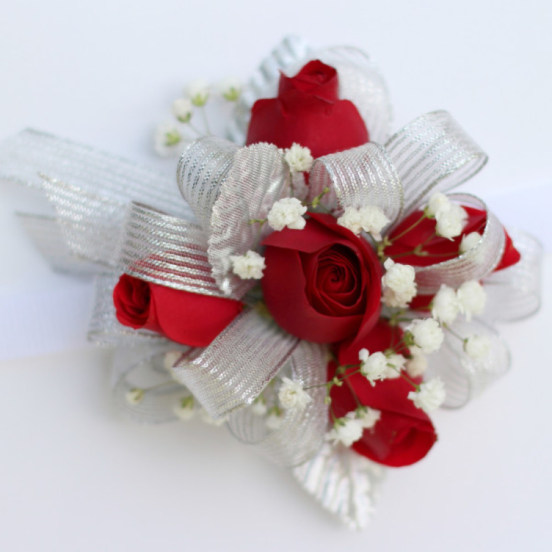 Red and Silver Miniature Rose Wrist Corsage - Same Day Delivery