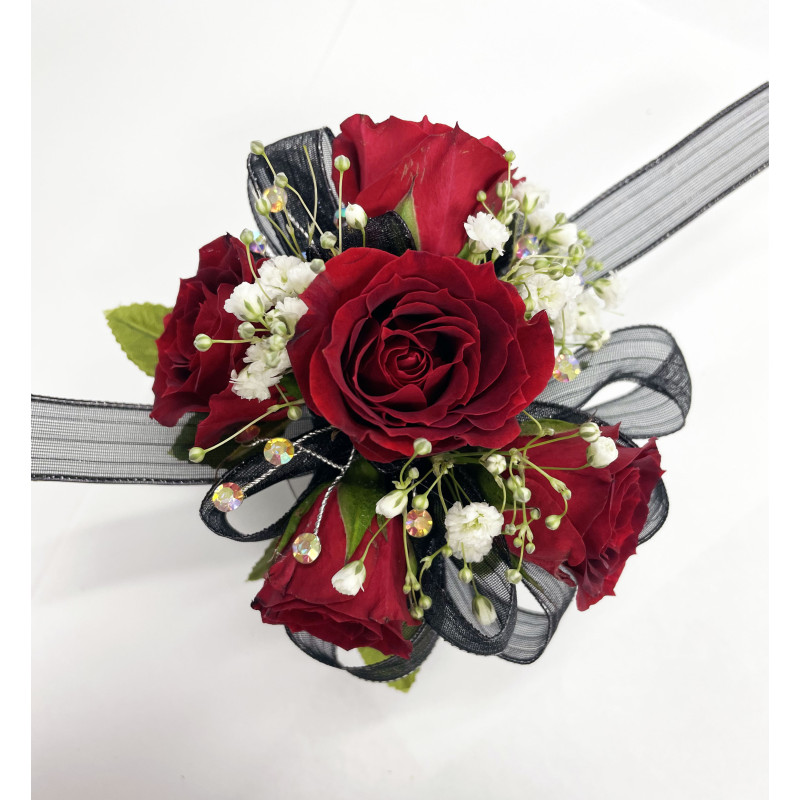 Red and Black Miniature Rose Wrist Corsage - Same Day Delivery