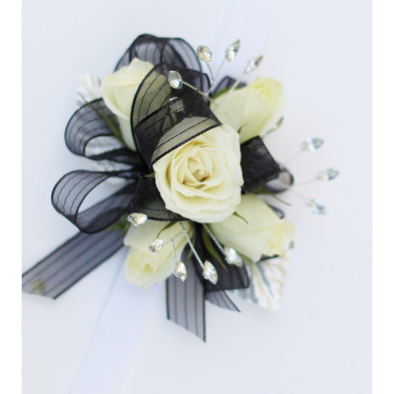 White and Black Miniature Rose Wrist Corsage - Same Day Delivery
