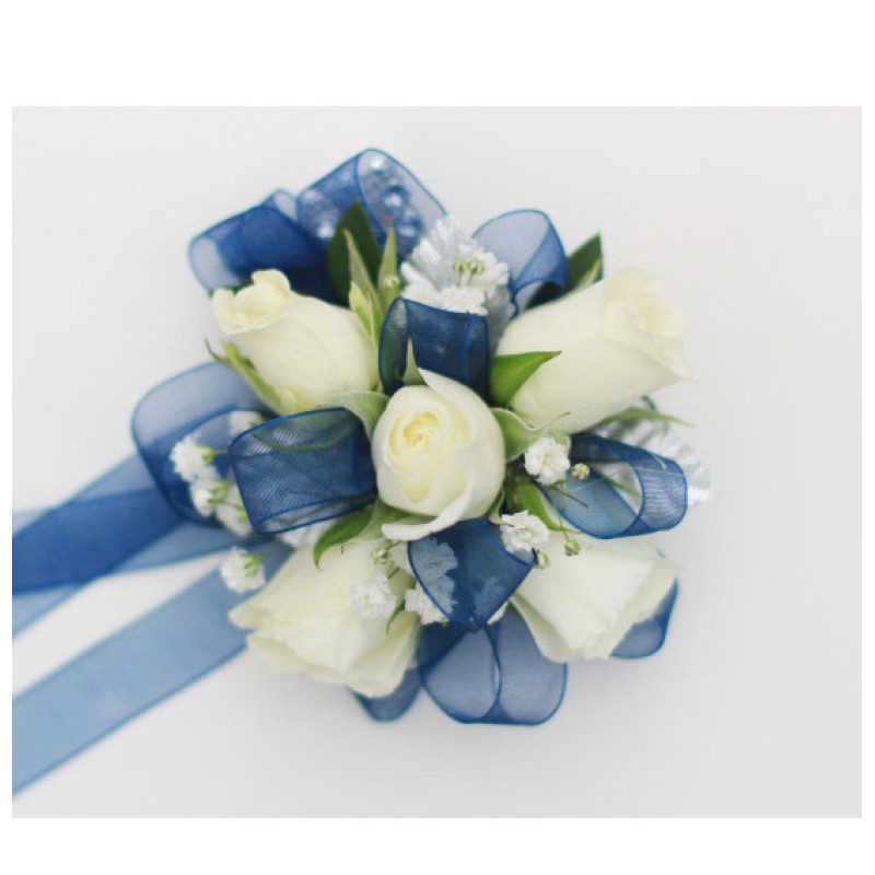 White and Blue Miniature Rose Wrist Corsage - Same Day Delivery