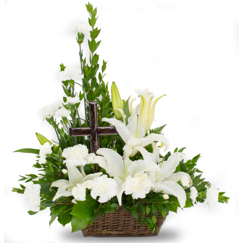 Metal Cross White Comfort Basket - Same Day Delivery