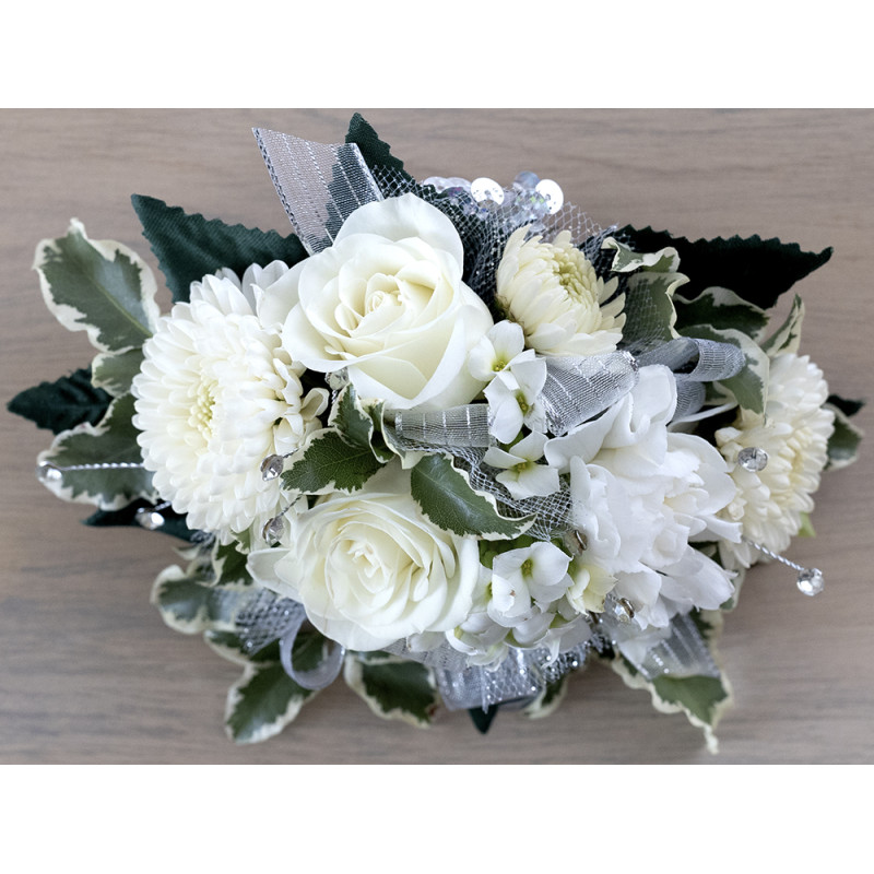 Silver and White Mix Corsage - Same Day Delivery