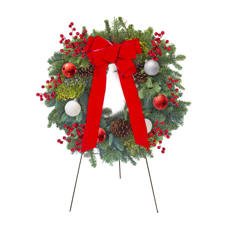 Wreath with Velvet Bow & Pinecones on Easel - Same Day Delivery