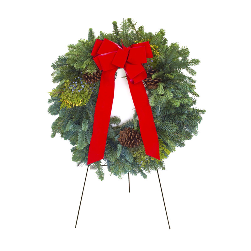Wreath with Velvet Bow & Pinecones on Easel - Same Day Delivery